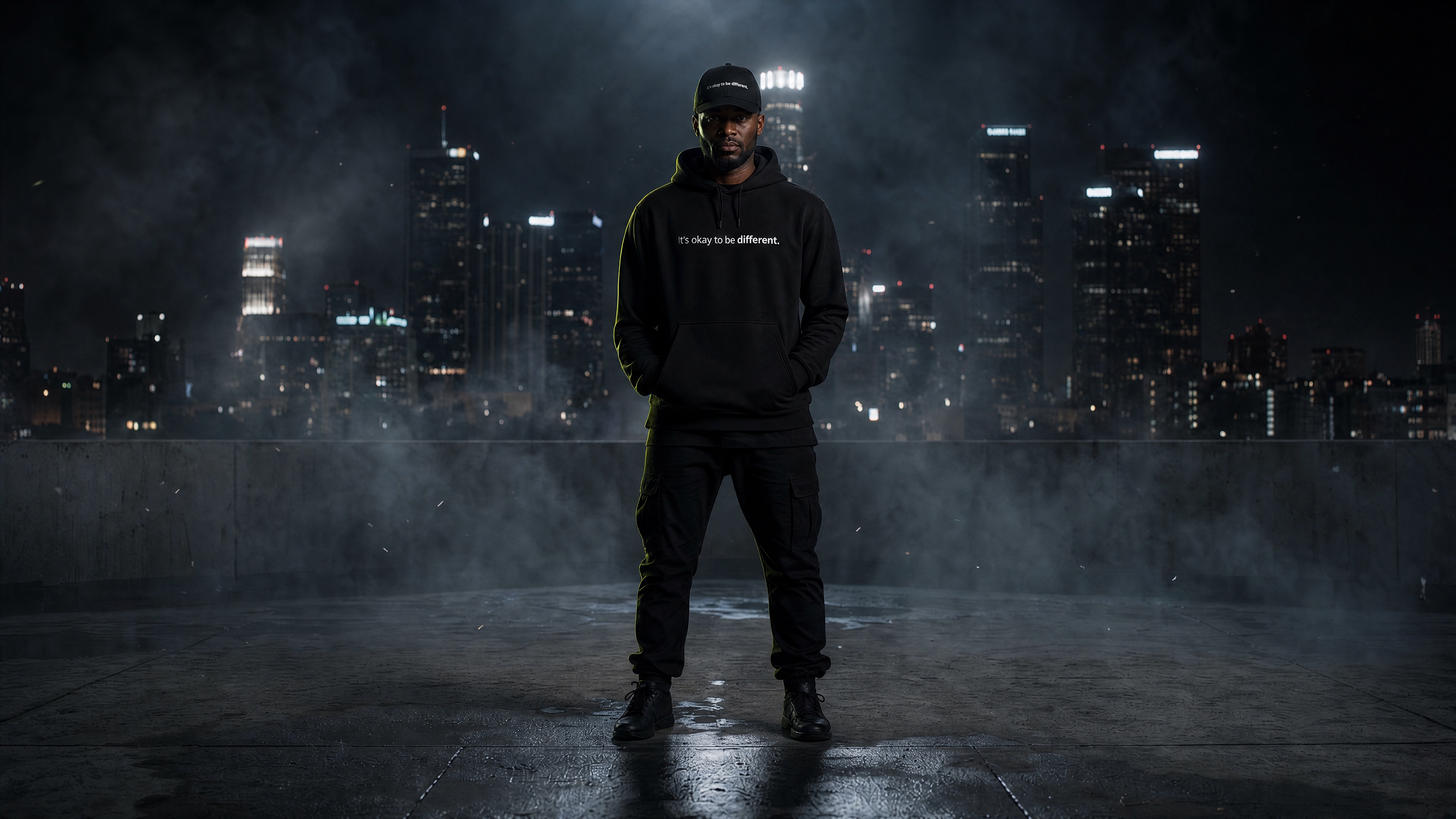 BBLND lookbook — model on a foggy rooftop wearing the It's okay to be different hoodie and dad hat